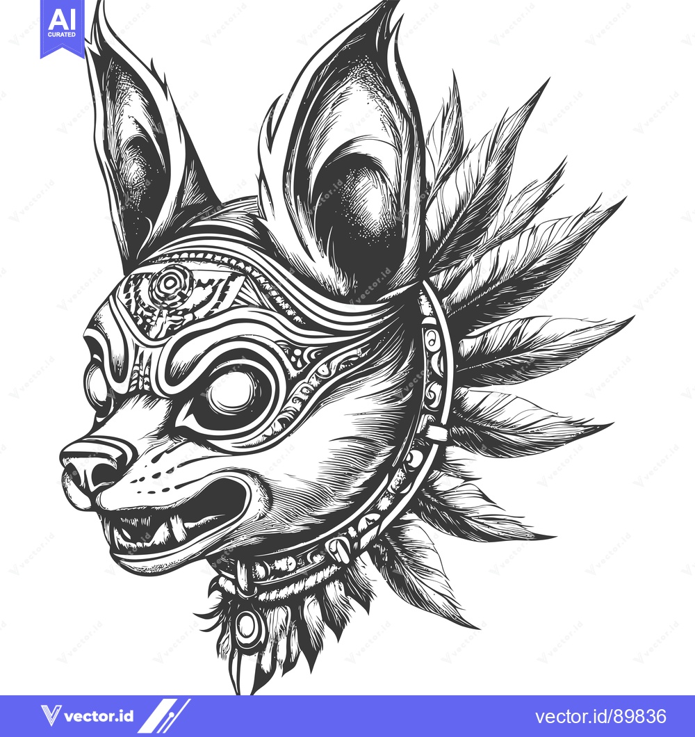 Premium Vector dari Ornate Dog Head with Feathers and Tribal Design
