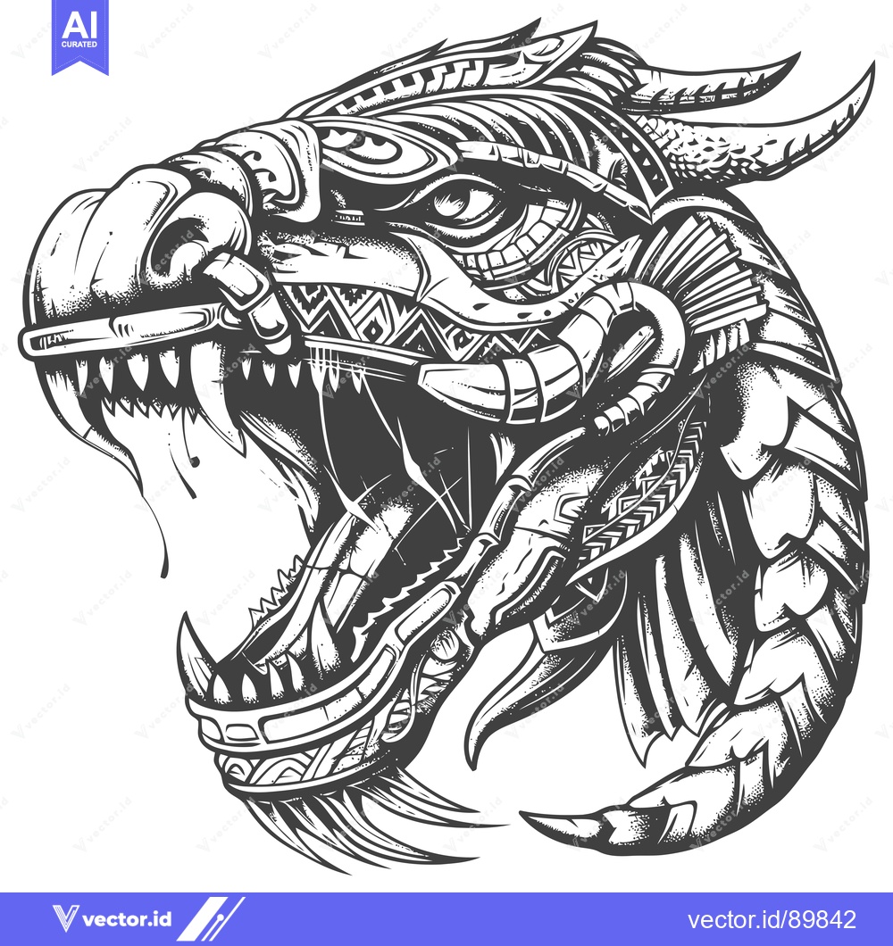 Premium Vector of Ornate Dragon Head with Open Mouth and Sharp Teeth
