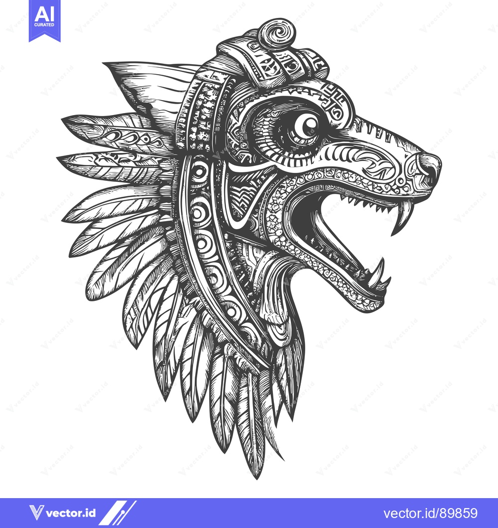 Premium Vector dari Ornate Feathered Animal Head with Open Mouth and Sharp Teeth