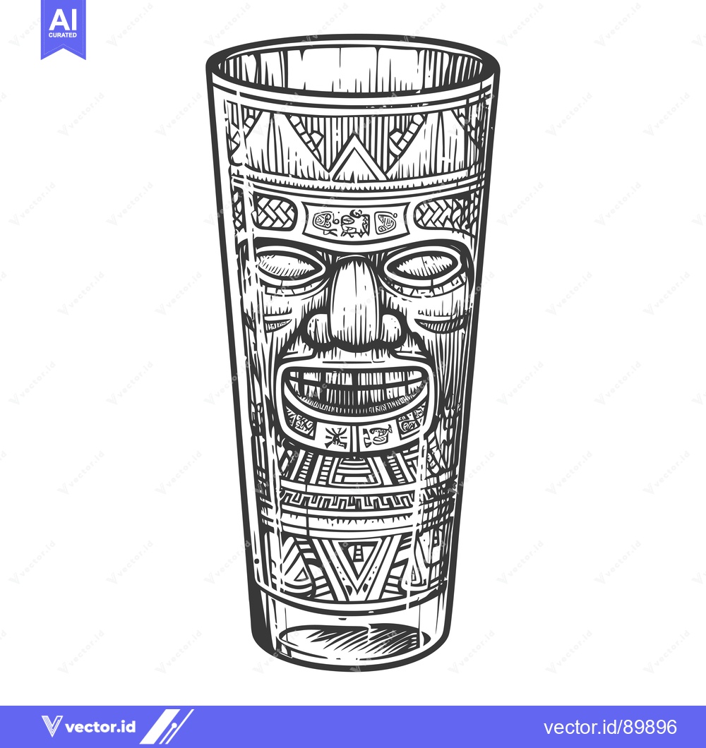 Premium Vector of Ornate Glass with Carved Tiki Face and Geometric Patterns