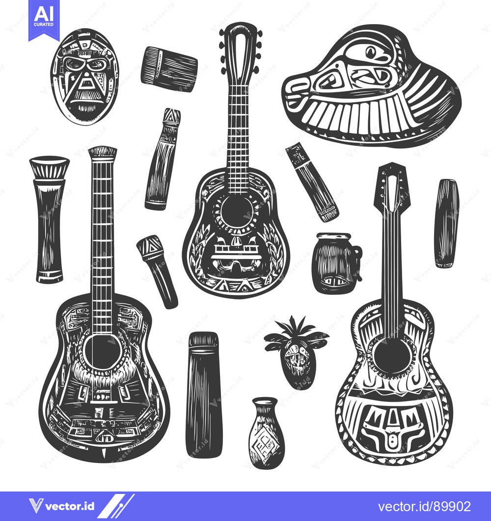 Premium Vector dari Ornate, Hand-Drawn, Black and White Illustration of Guitars and Other