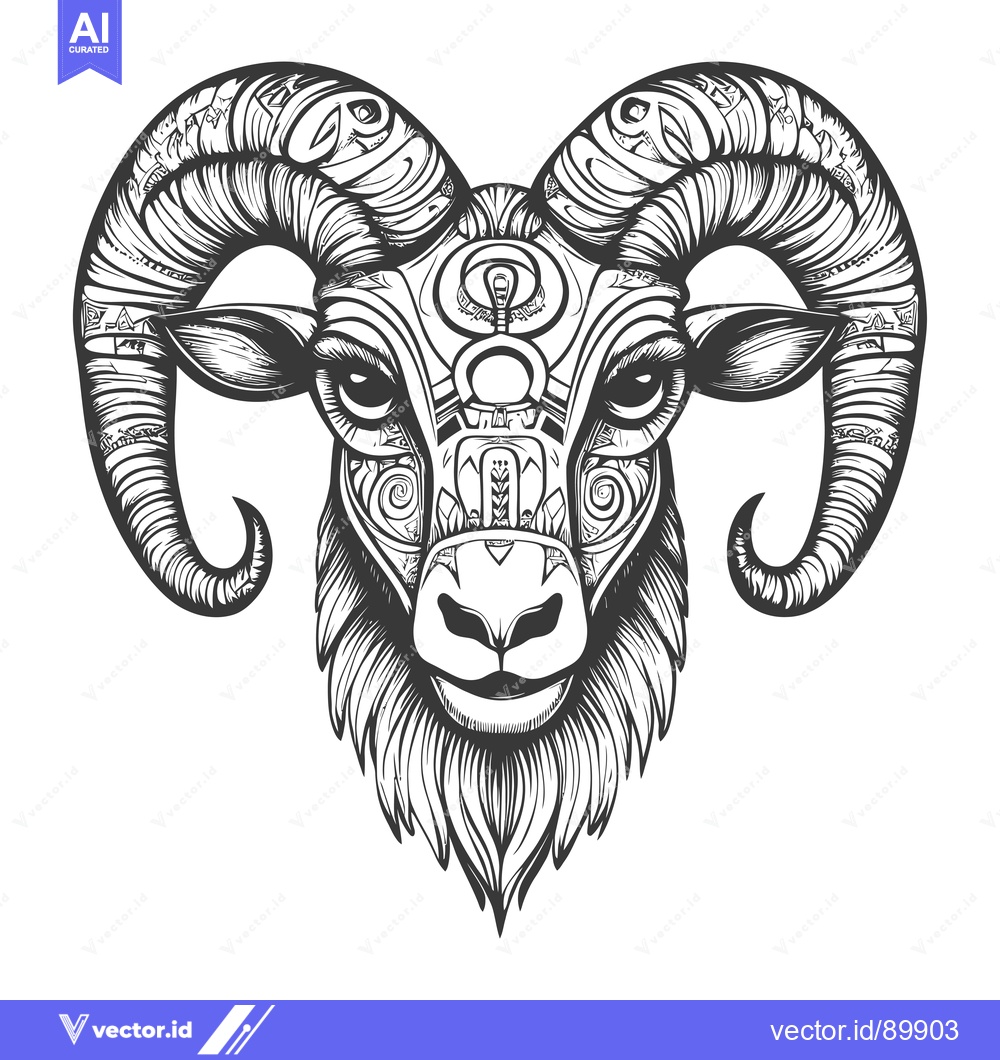Premium Vector of Ornate Hand-Drawn Illustration of a Ram's Head with Detailed Horns
