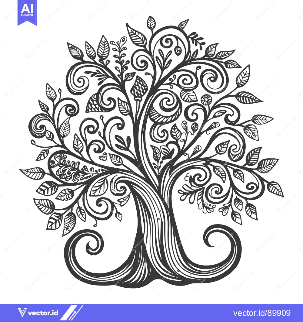 Premium Vector dari Ornate Hand-Drawn Tree with Swirls and Leaves