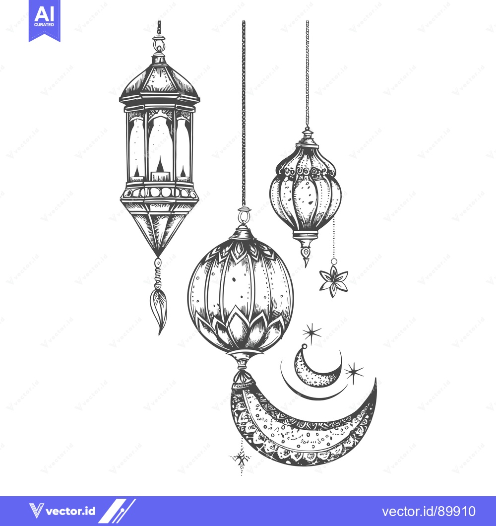 Premium Vector dari Ornate Hanging Lanterns with a Crescent Moon and Stars