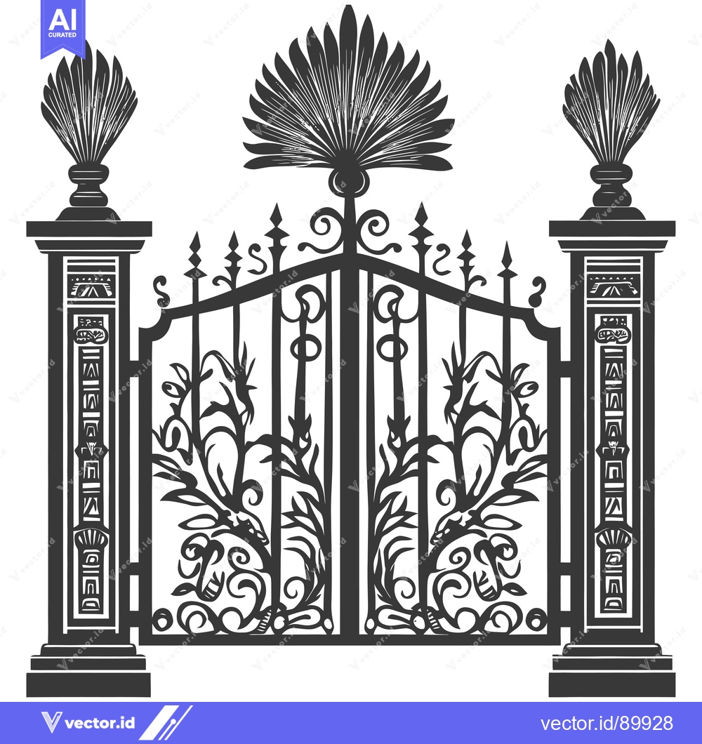 Premium Vector dari Ornate Iron Gate with Palm Tree Top and Pillars