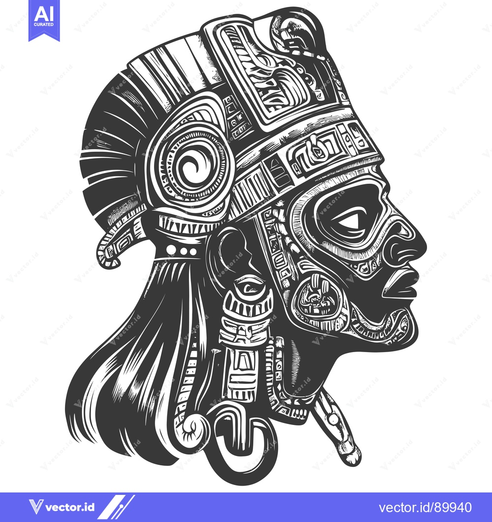 Premium Vector of Ornate Mayan Head Profile with Elaborate Headwear and Facial Details
