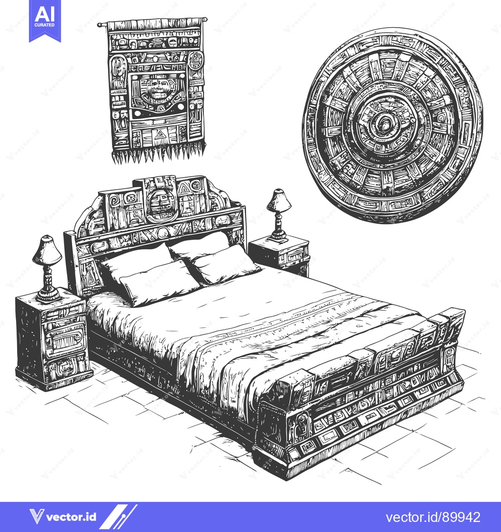Premium Vector of Ornate Mayan-Style Bedroom Interior with Carved Bed and Decorative Wal