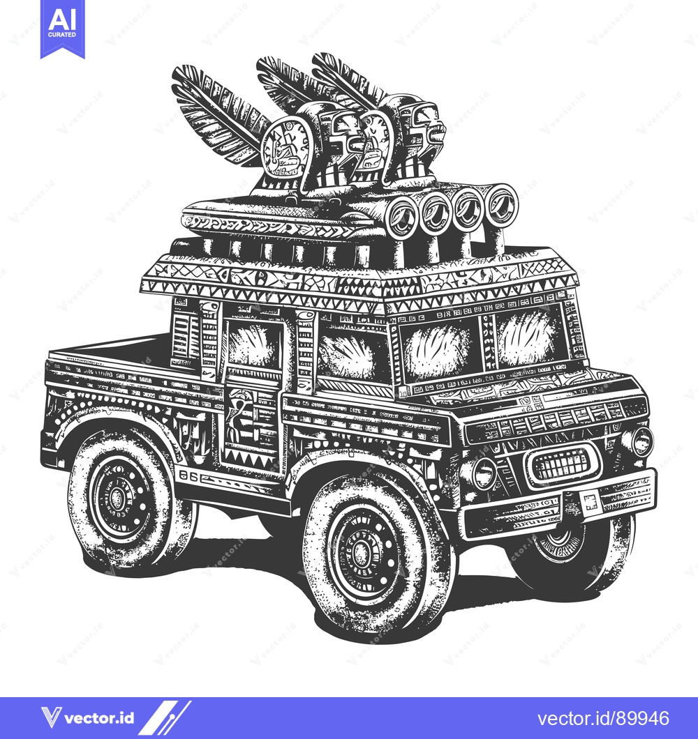 Premium Vector of Ornate Off-Road Truck with Feathered Topped Mayan-Inspired Decorations