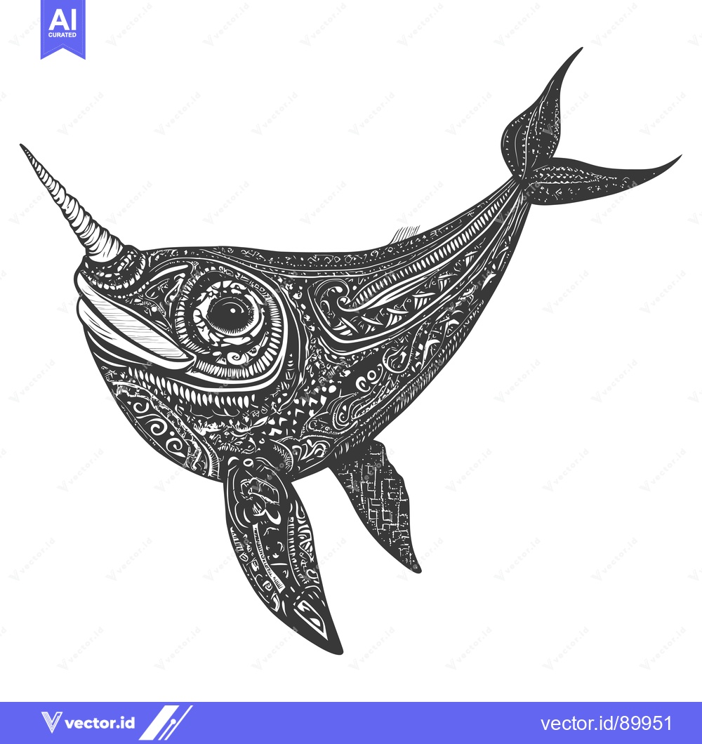 Premium Vector of Ornate Patterned Narwhal with a Single Tusk and Fin