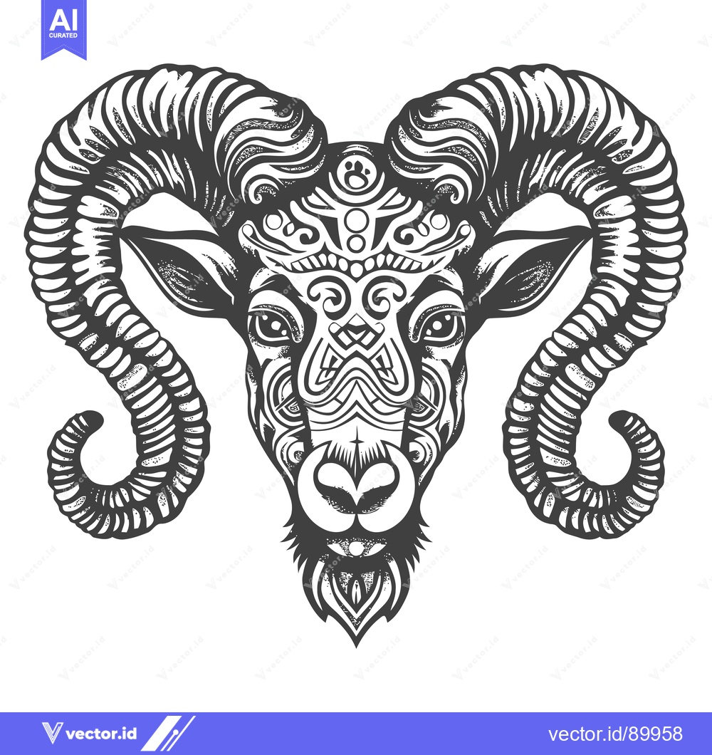 Premium Vector of Ornate Ram Head with Curled Horns and Intricate Pattern