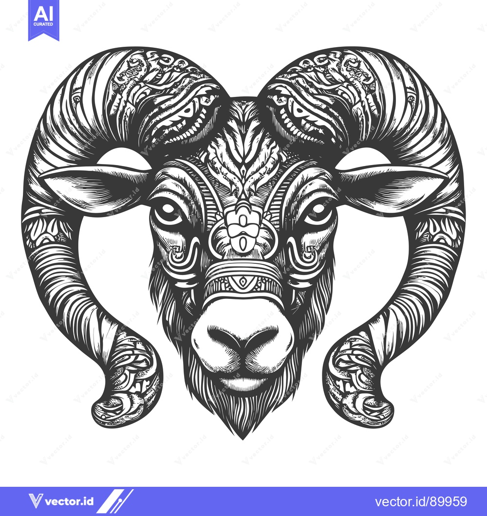 Premium Vector of Ornate Ram Head with Detailed Curled Horns