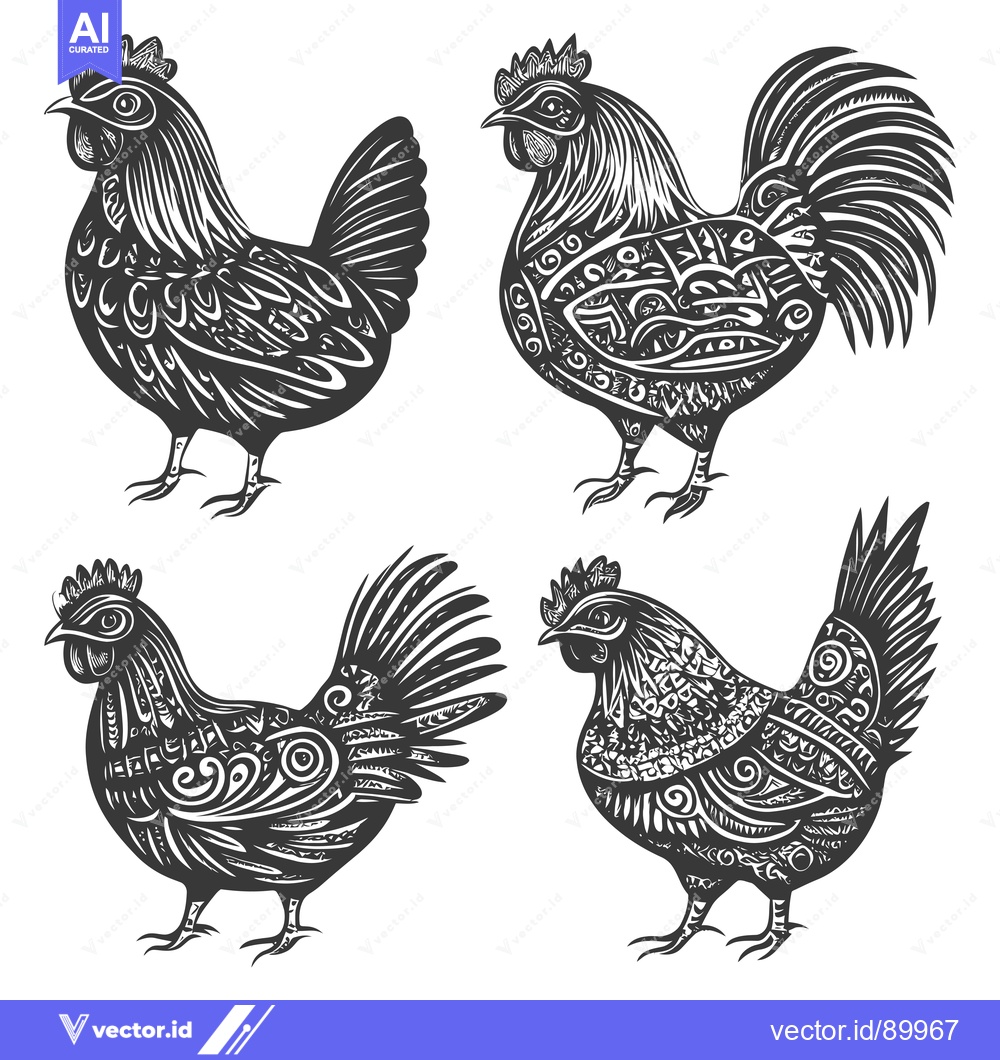 Premium Vector dari Ornate Rooster and Hens with Detailed Feathers and Patterns