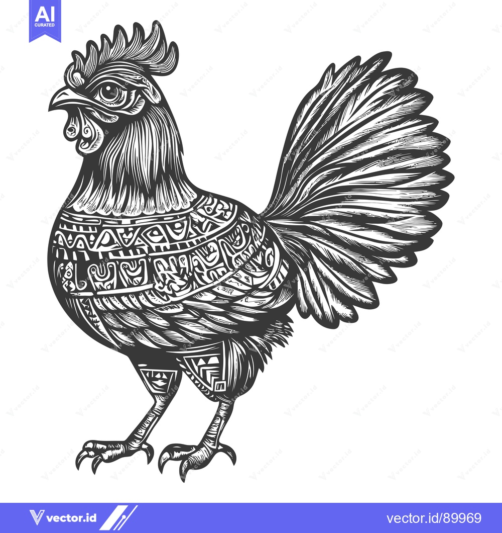 Premium Vector dari Ornate Rooster Illustration with Detailed Feathers and Geometric Patte