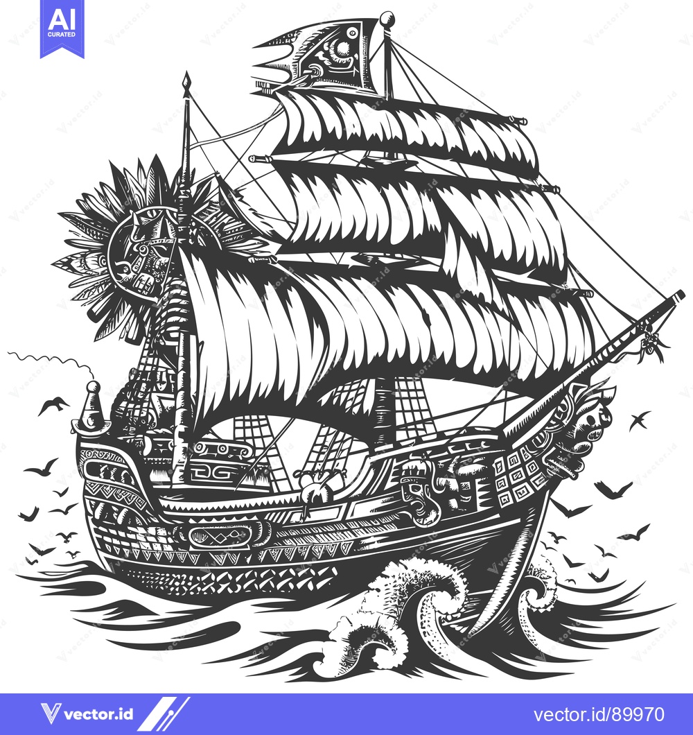 Premium Vector of Ornate Sailing Ship With Sun and Birds in Black and White