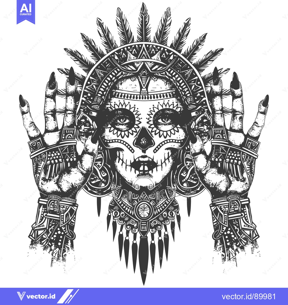 Premium Vector of Ornate Skull with Feathers and Raised Hands