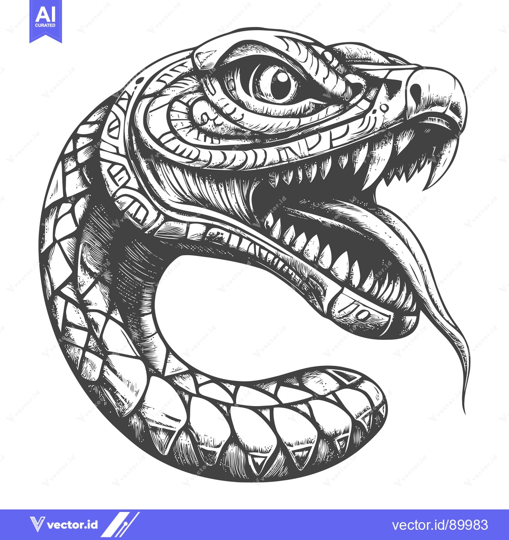 Premium Vector of Ornate Snake Head with Fangs and Eye