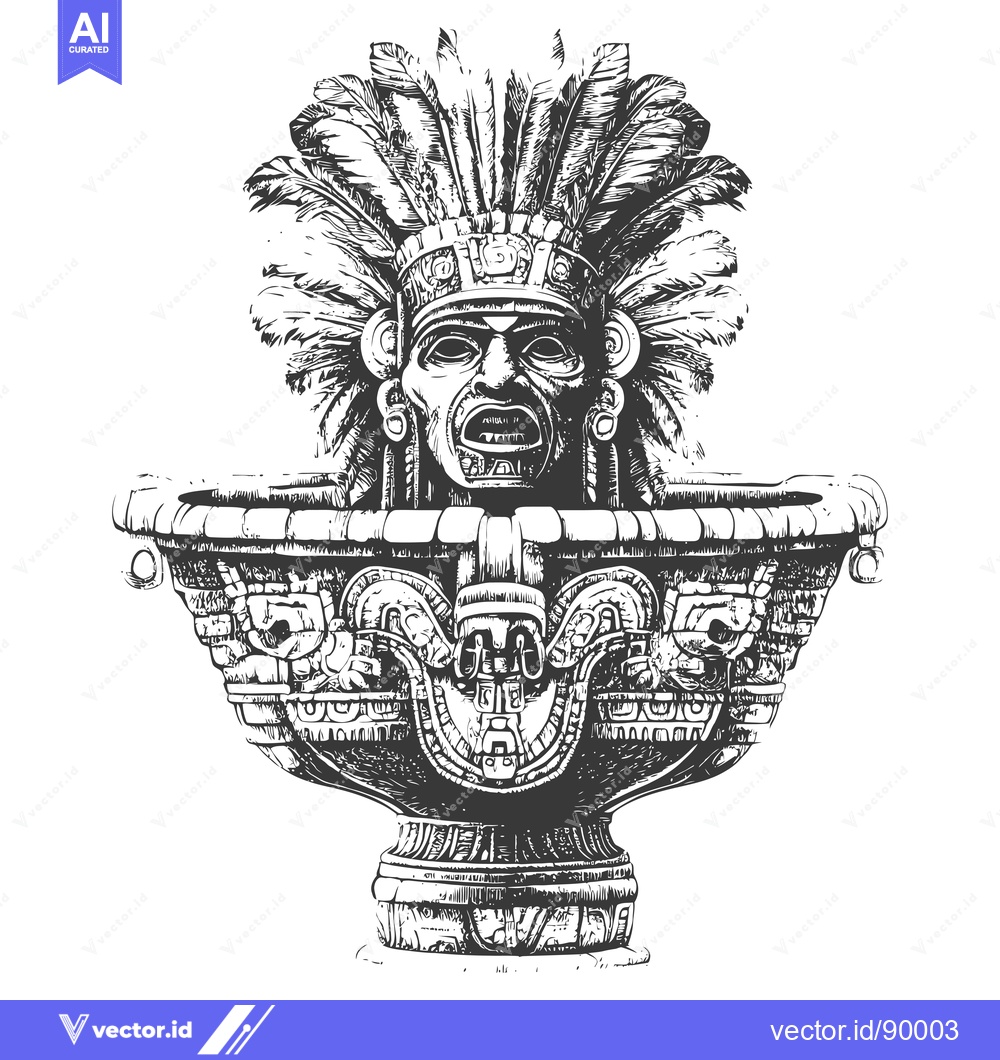 Premium Vector of Ornate Stone Sculpture of an Ancient Mayan Head with Feathers