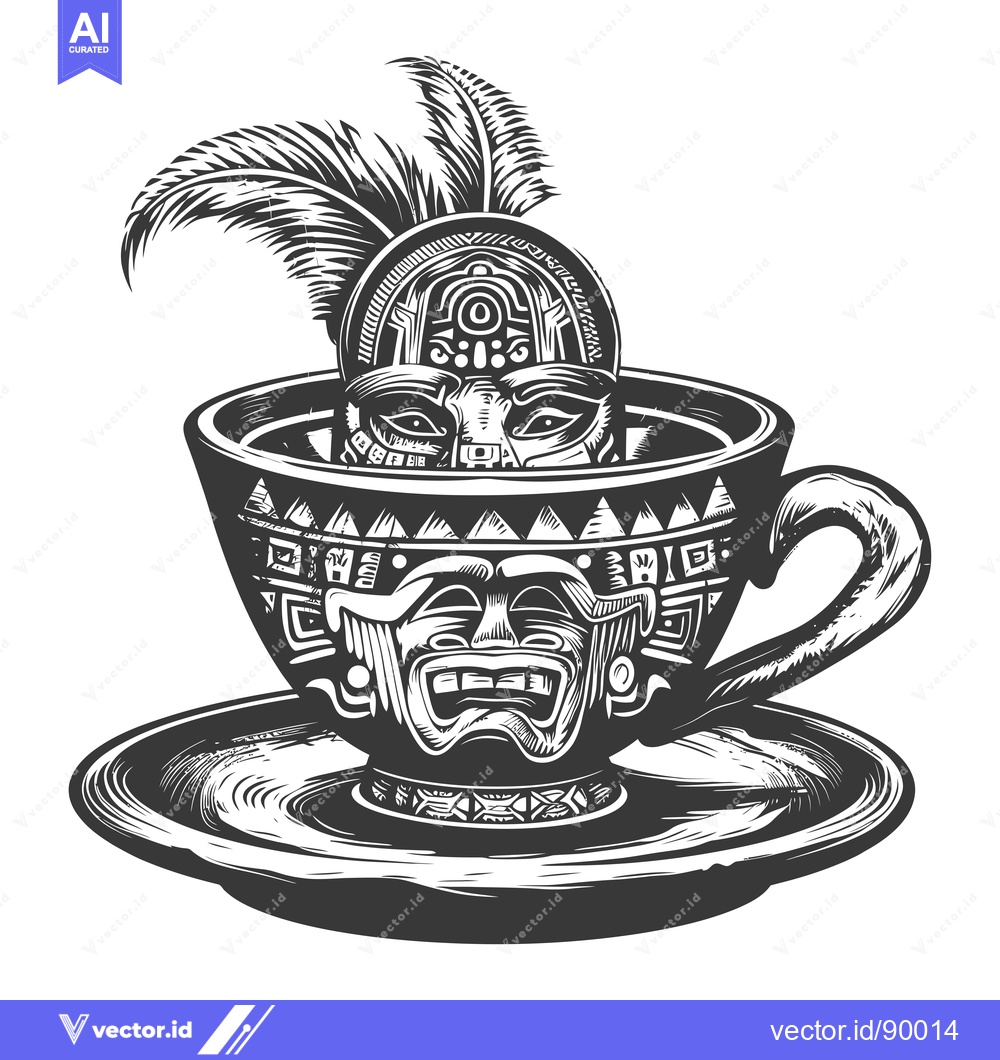 Premium Vector dari Ornate Teacup with Mayan-Style Mask Inside