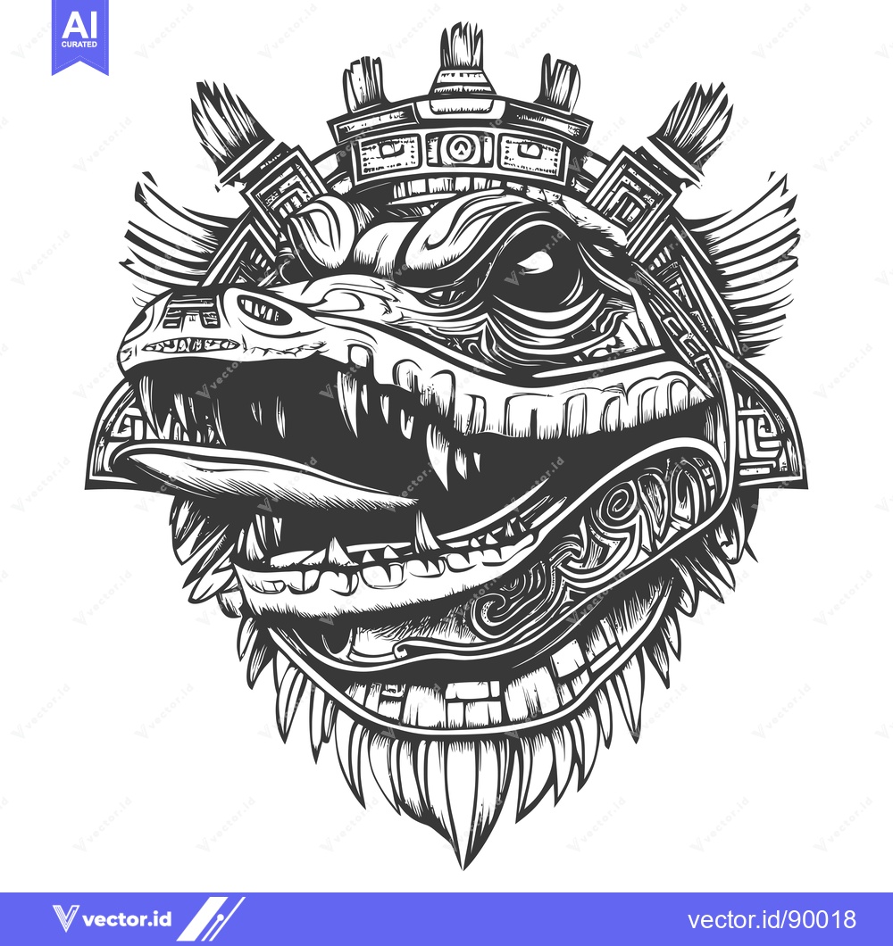 Premium Vector dari Ornate Tribal Aztec-Inspired Creature Head with Fangs and Wings