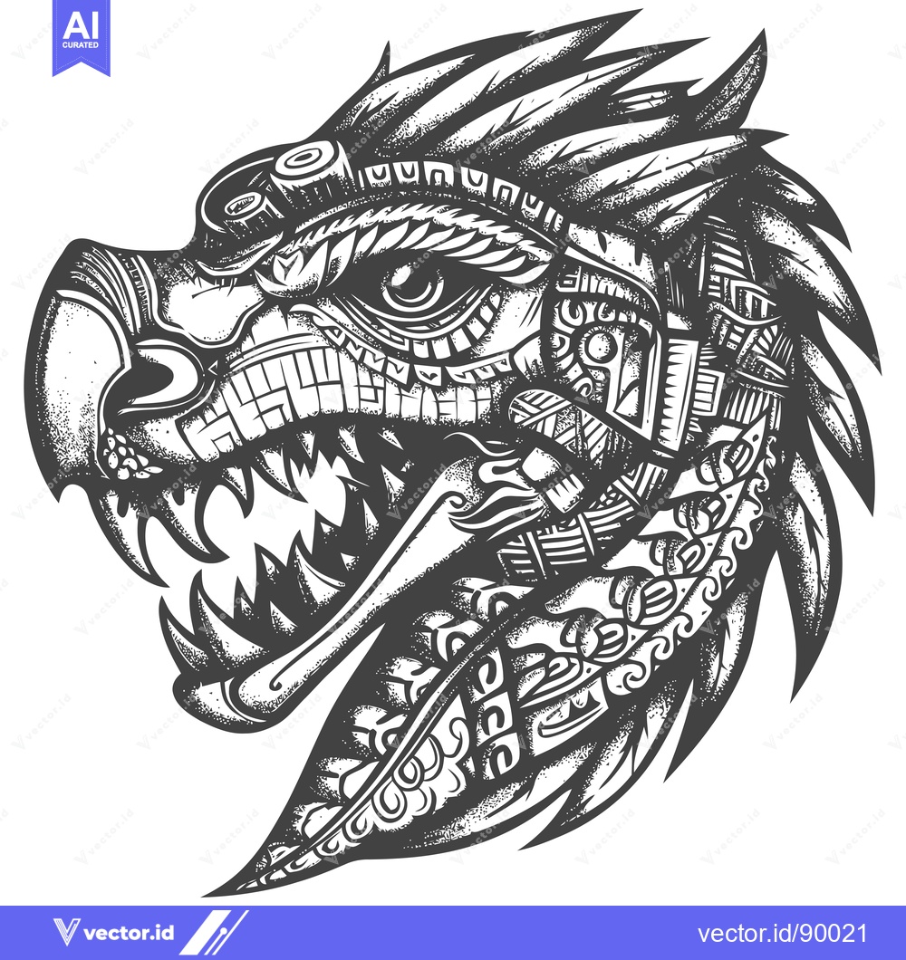Premium Vector of Ornate Tribal Dragon Head with Feathers and Geometric Patterns
