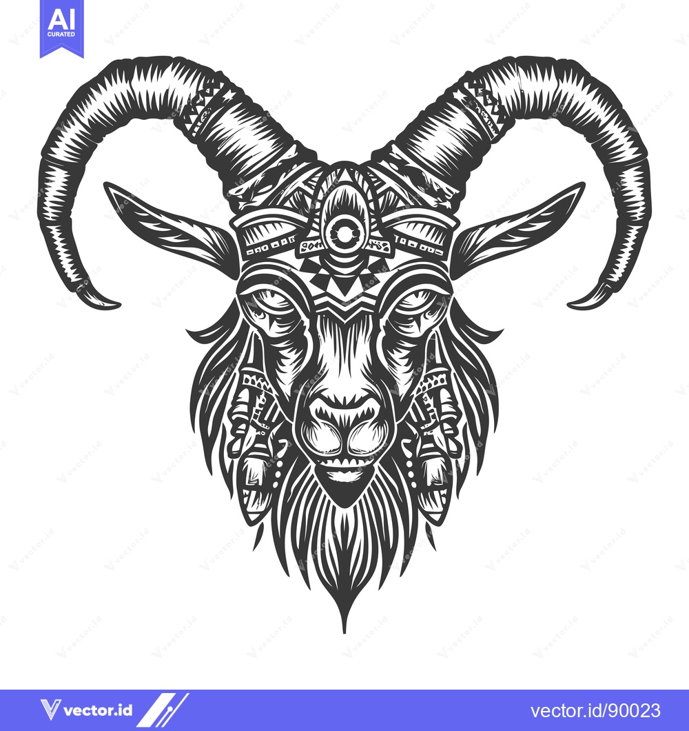 Premium Vector of Ornate Tribal Goat Head with Curved Horns and Geometric Patterns