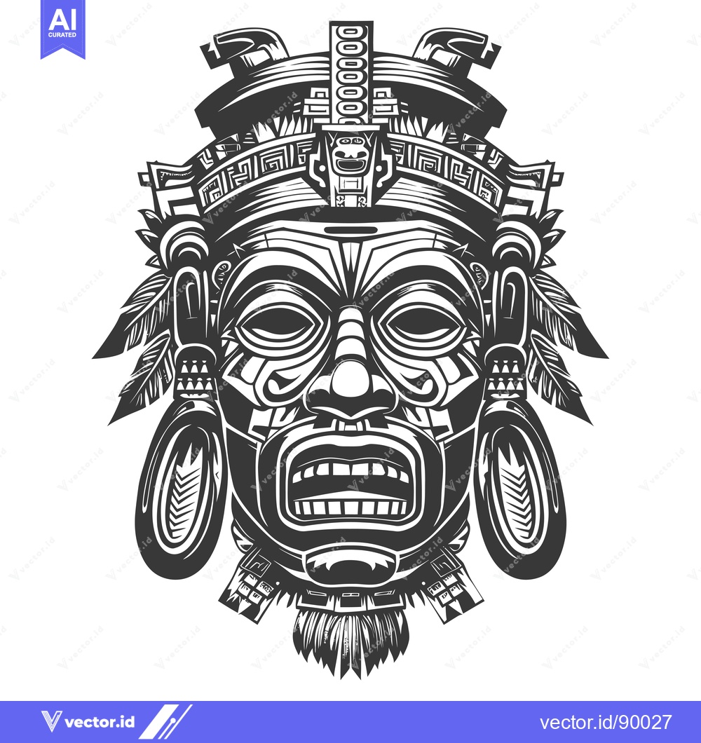 Premium Vector of Ornate Tribal Mask with Feathers and Geometric Patterns