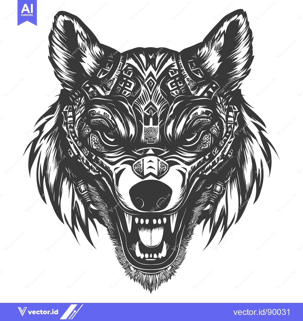 Premium Vector of Ornate Tribal Wolf Head with Open Mouth and Sharp Teeth