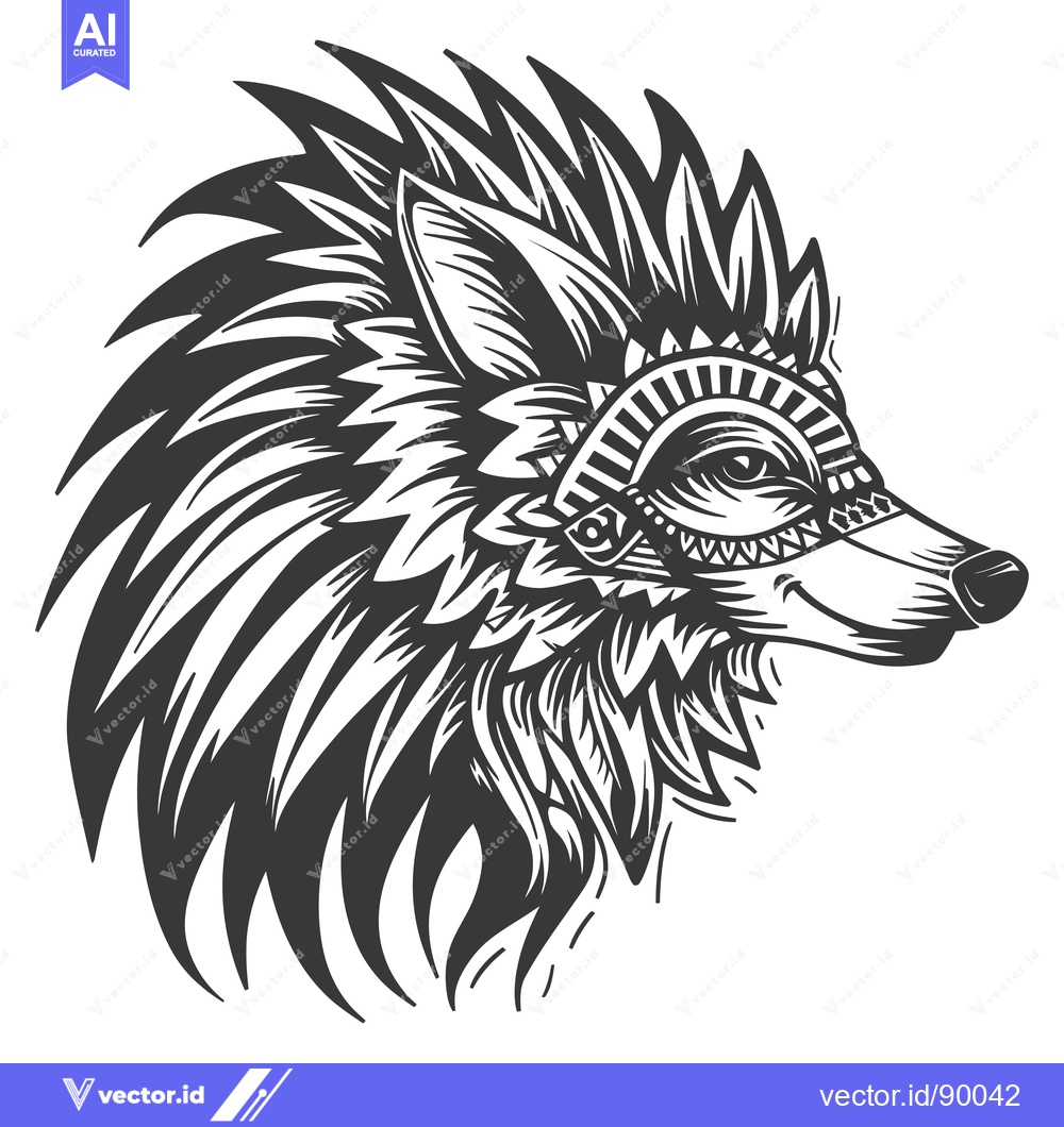 Premium Vector of Ornate Wolf Head with Elaborate Feathers and Tribal Design