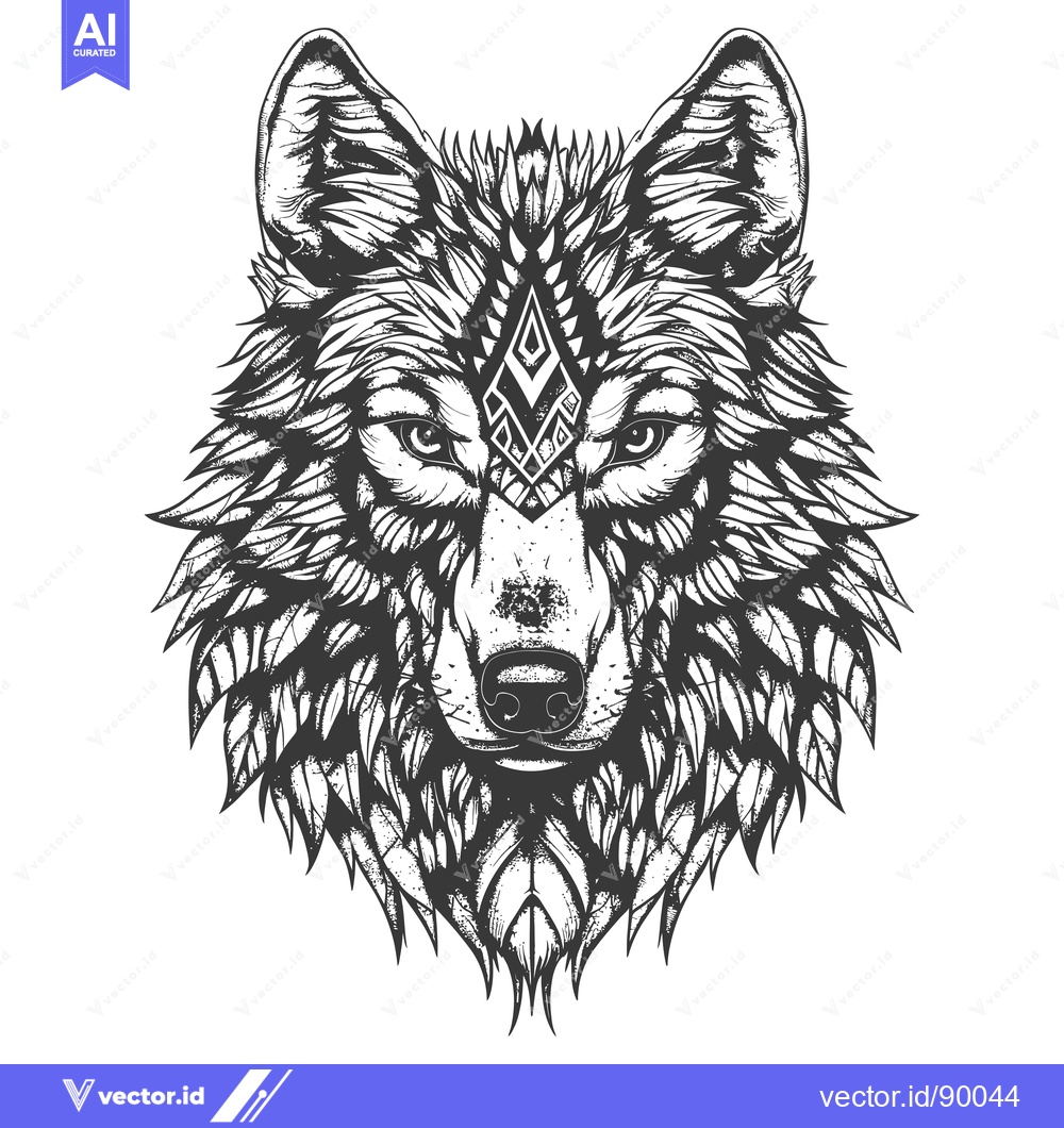 Premium Vector dari Ornate Wolf Head with Geometric Symbol on Forehead