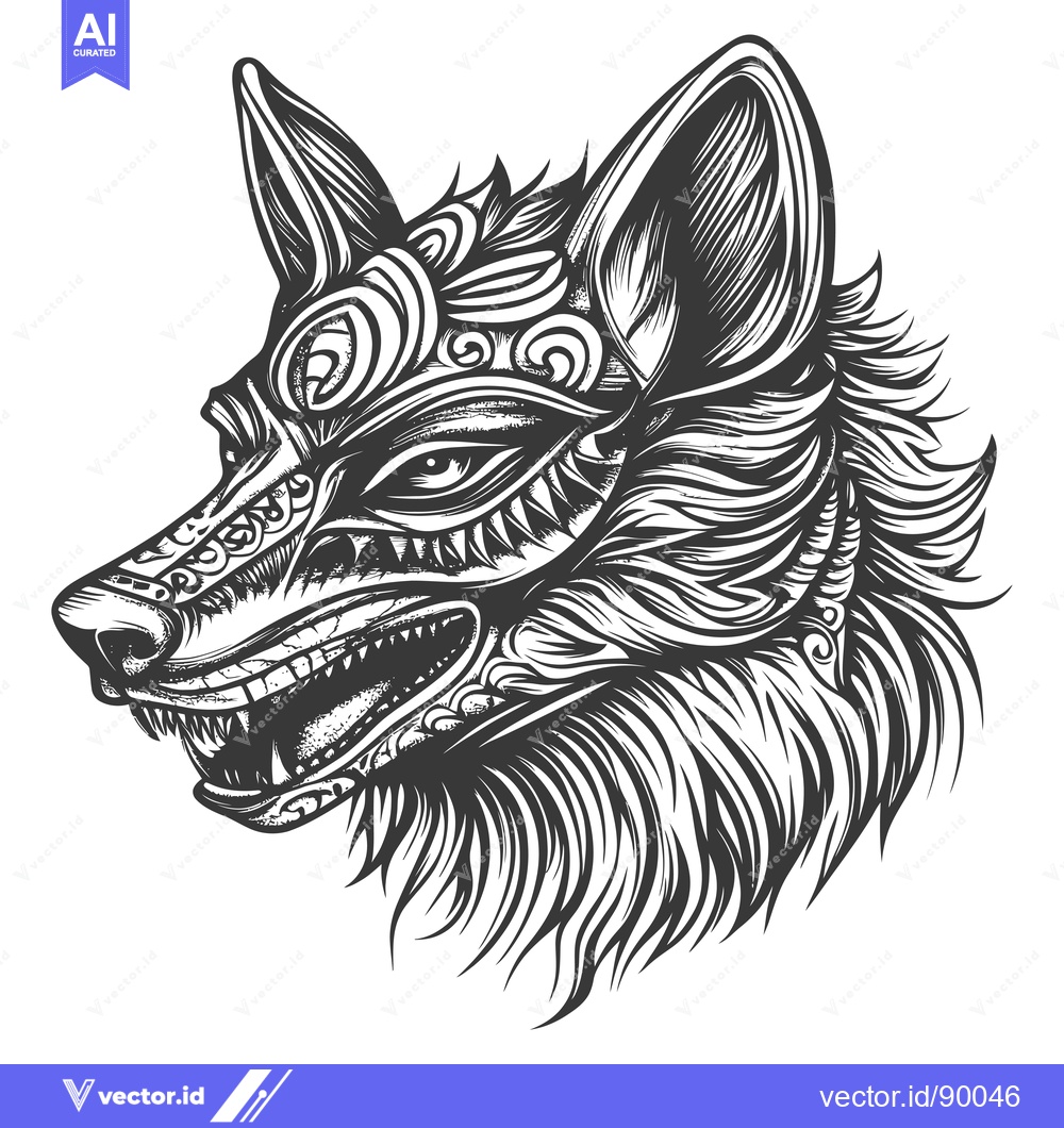 Premium Vector of Ornate Wolf Head with Open Mouth and Sharp Teeth