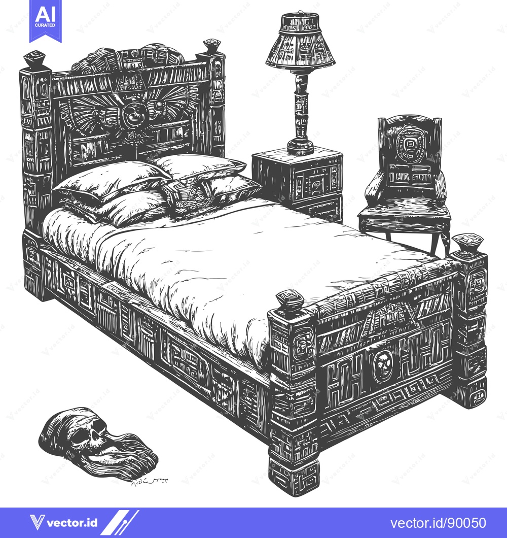 Premium Vector of Ornate Wooden Bed with Skull and Lamp