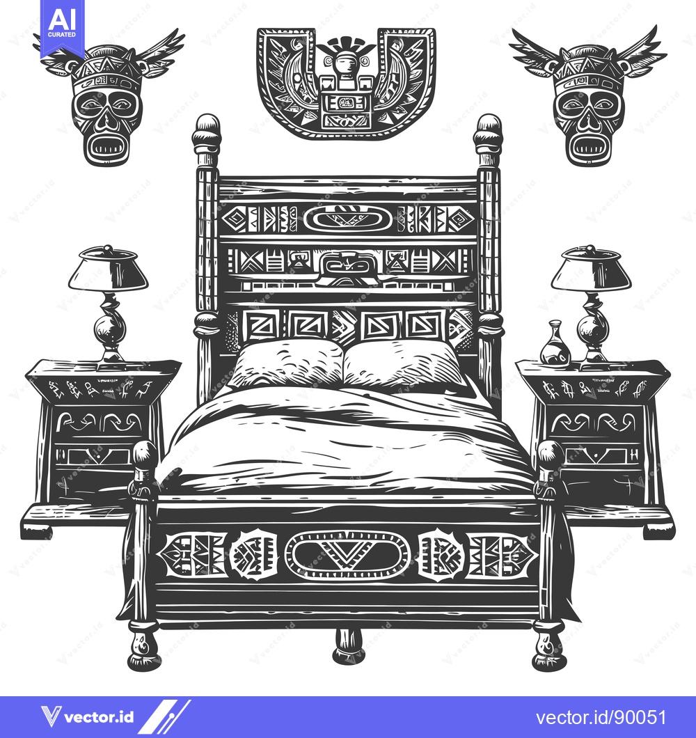 Premium Vector of Ornate Wooden Bed with Tribal Mask Decor