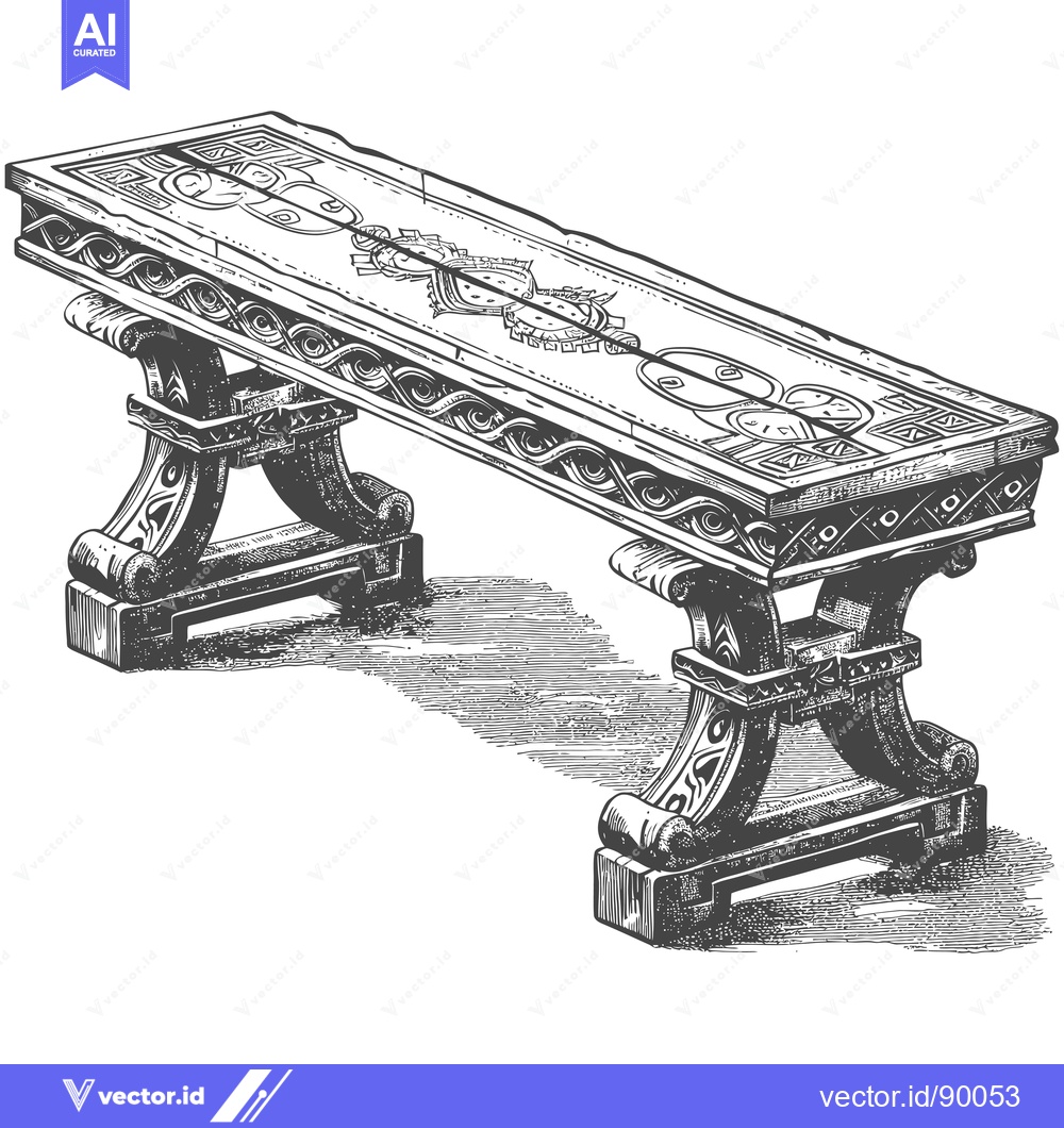 Premium Vector of Ornate Wooden Bench with Intricate Carvings and Shadow