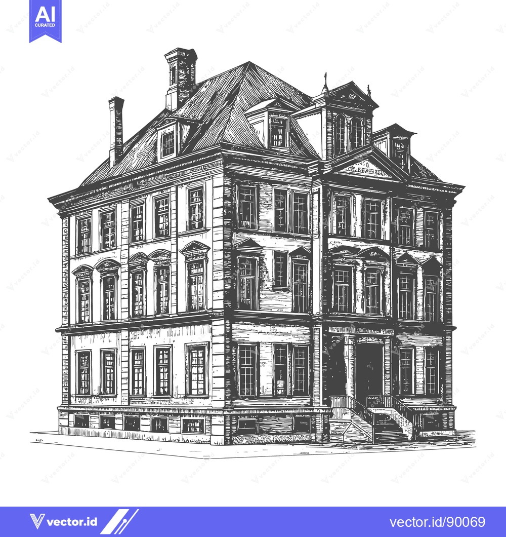 Premium Vector of Detailed black and white illustration of a large three story building