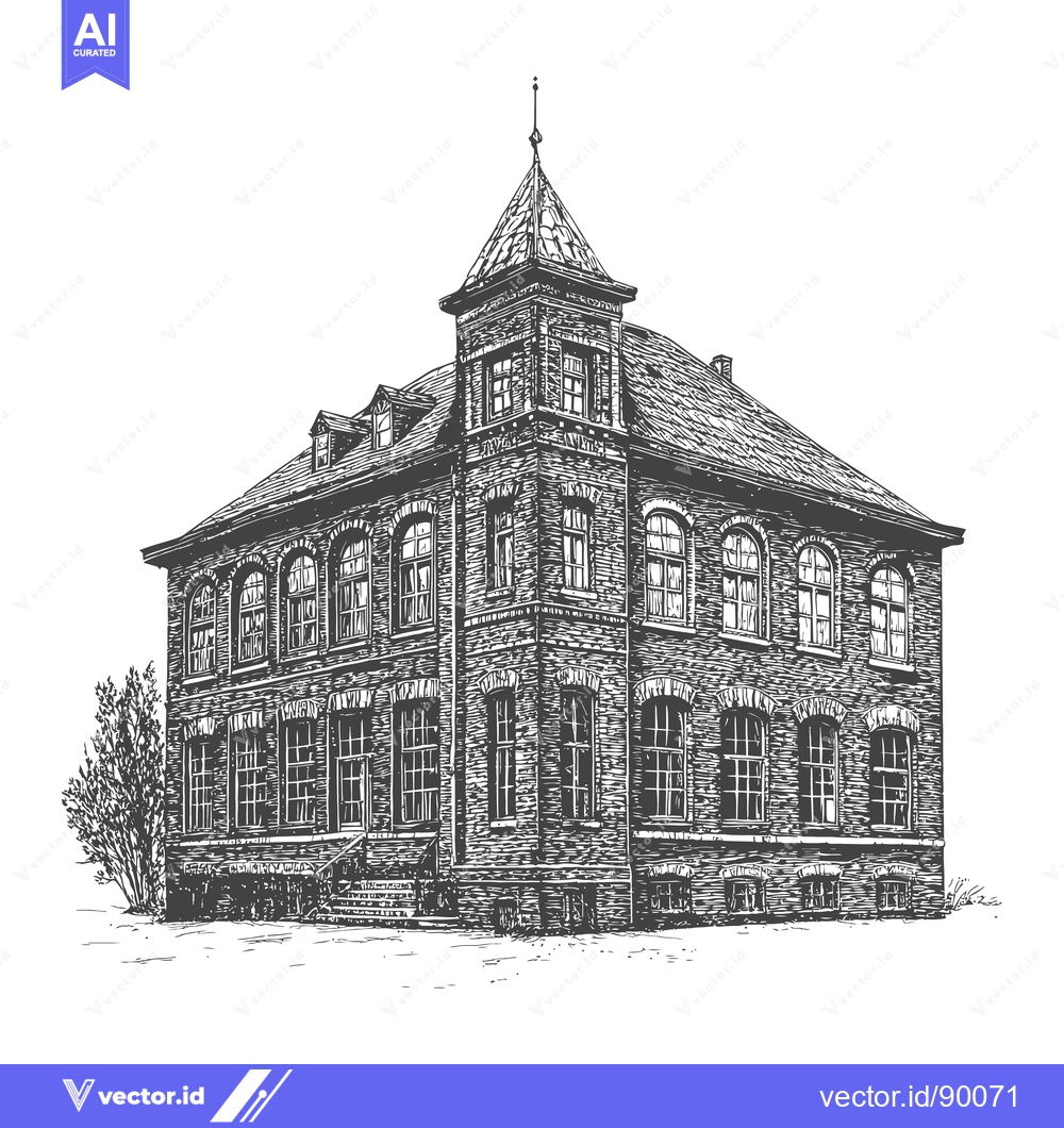 Premium Vector of An illustrated three story brick building with a prominent tower