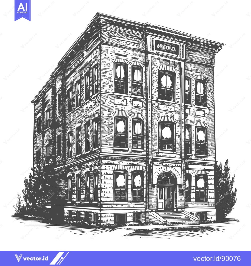Premium Vector dari A three story brick building with many detailed windows and textures