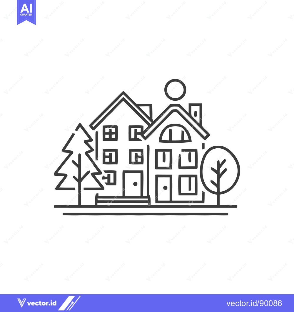 Premium Vector dari Minimalist Line Art: Suburban Houses with Trees and Sun Icon