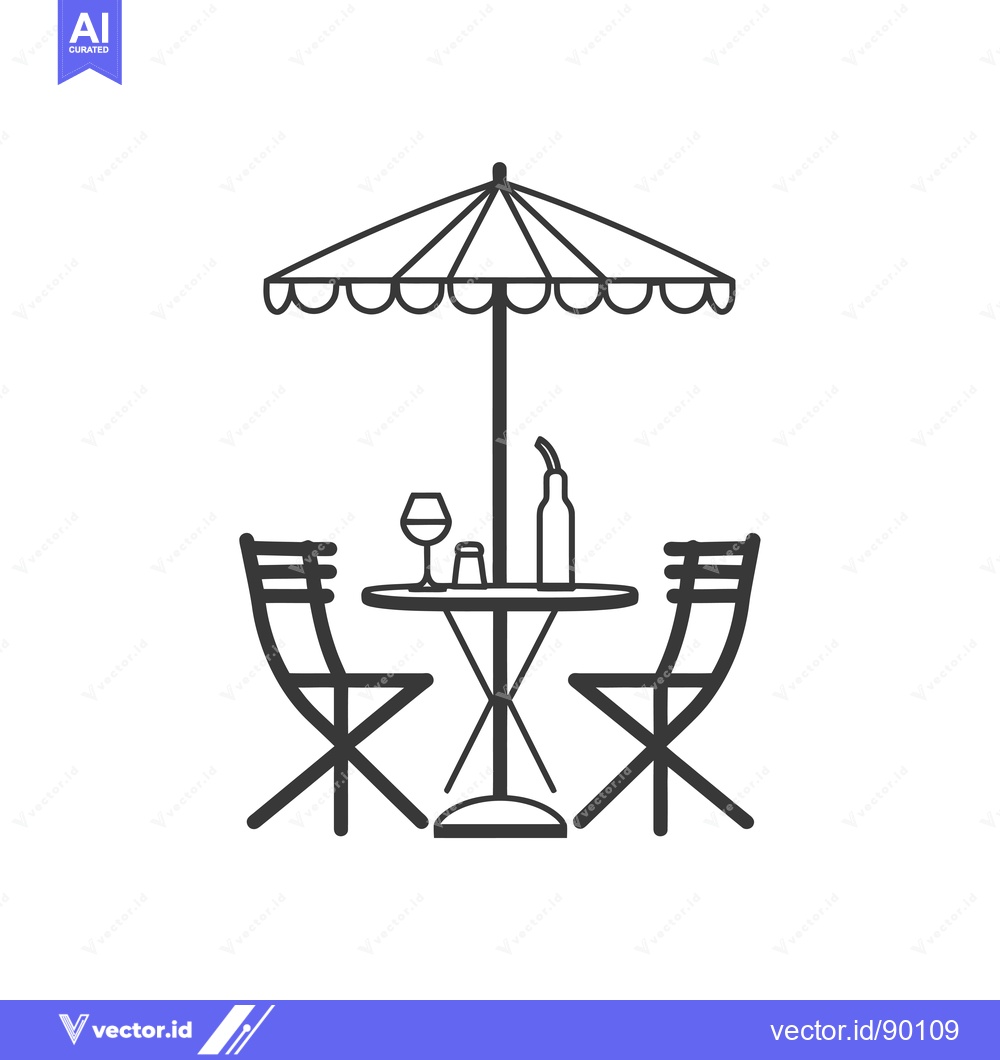 Premium Vector dari Outdoor dining table with umbrella, chairs, wine glass, bottle, and sa