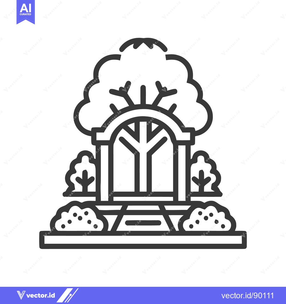 Premium Vector dari Minimalist Garden Archway Icon with Tree and Bushes Design