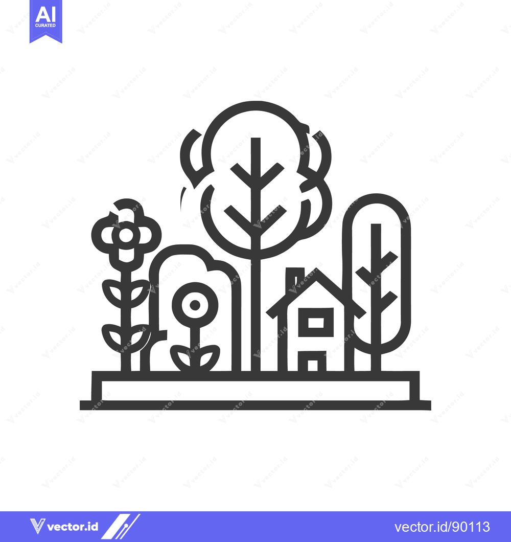 Premium Vector of Minimalist Line Art: House, Trees, and Flowers in a Garden Setting