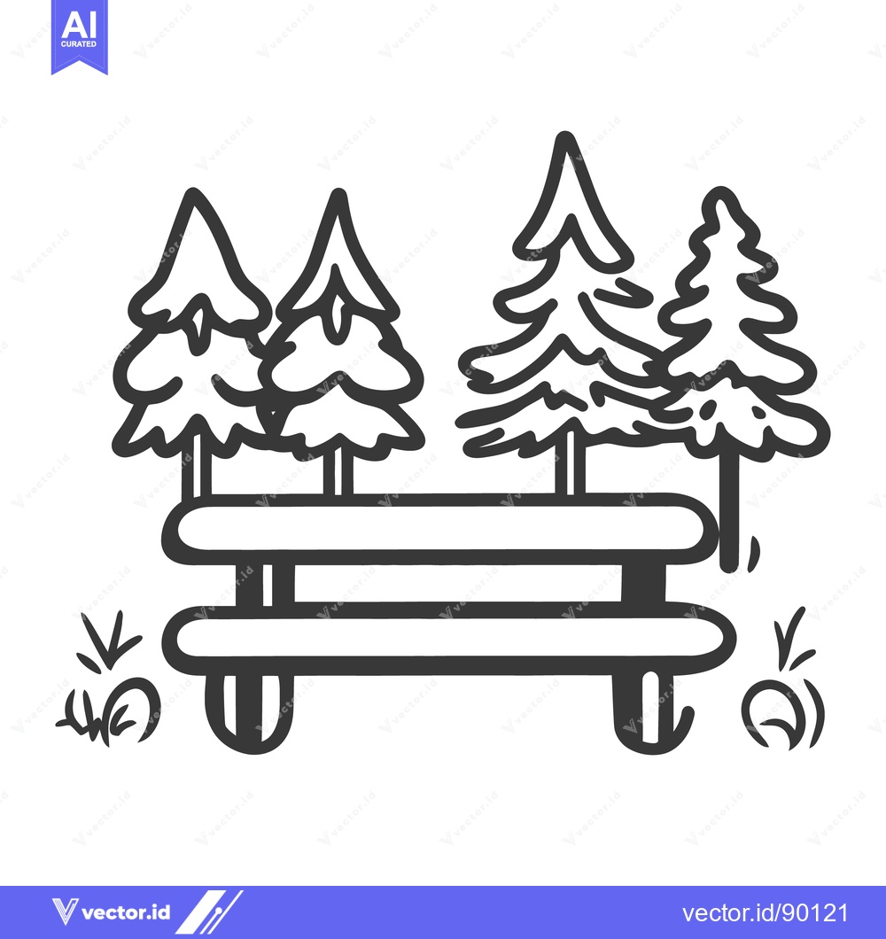 Premium Vector of Black and white illustration depicts a park bench with evergreen trees