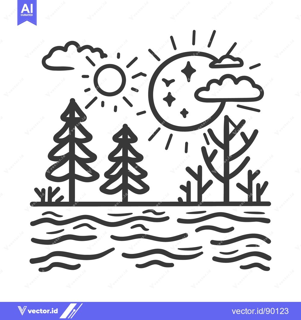 Premium Vector dari Simplified Line Art Depicting Nature with Trees and Water