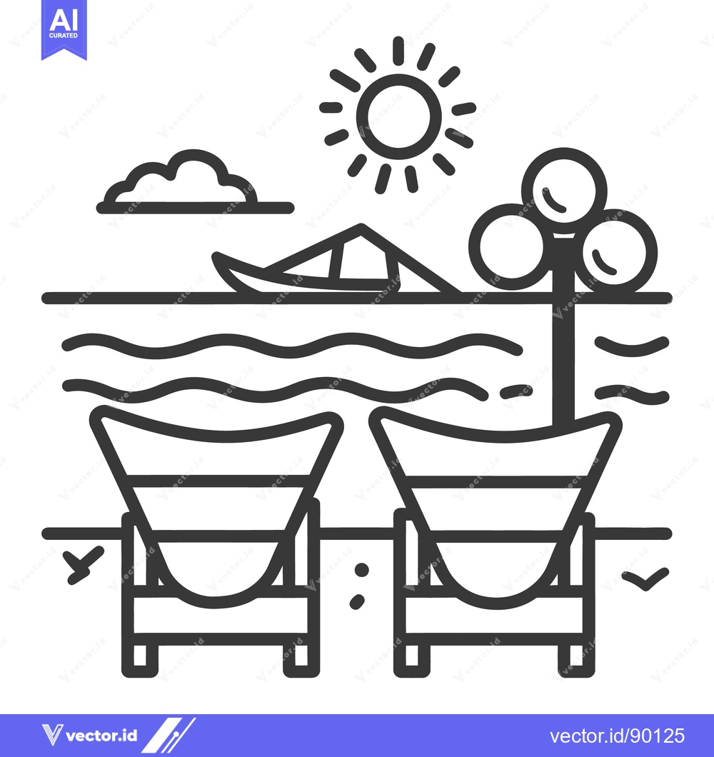 Premium Vector dari Two beach chairs and a palm tree by the sunny ocean