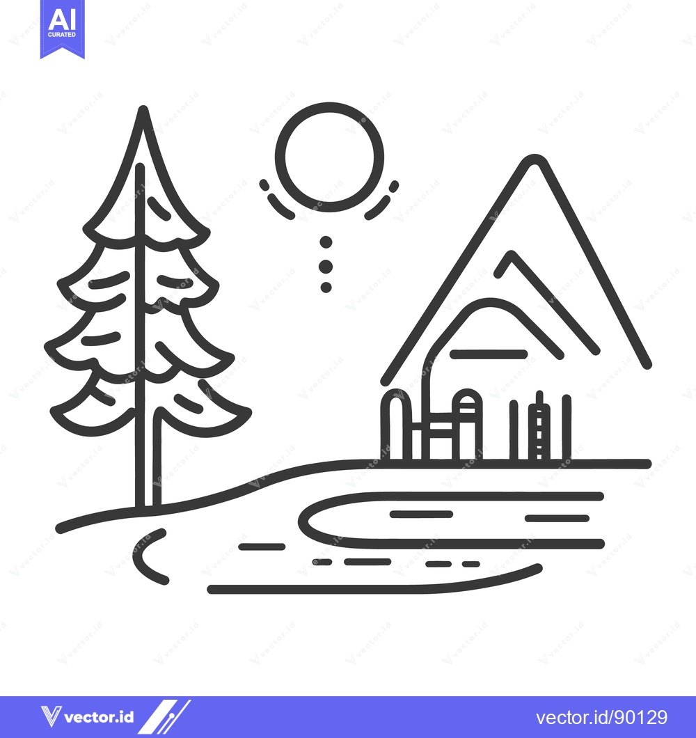 Premium Vector of A simple line drawing of a cabin by the lake
