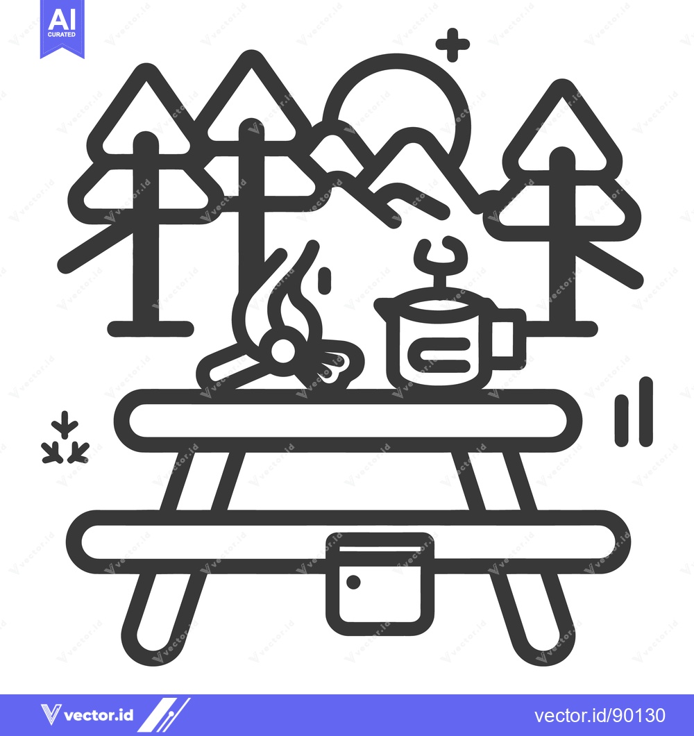 Premium Vector dari A picnic table scene with campfire mountains and trees