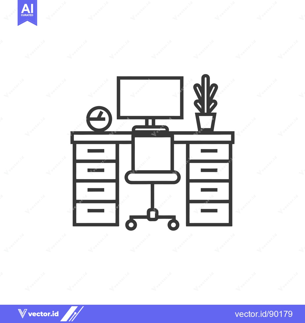 Premium Vector dari Outline Drawing of a Desk with a Computer, Chair, and Plant