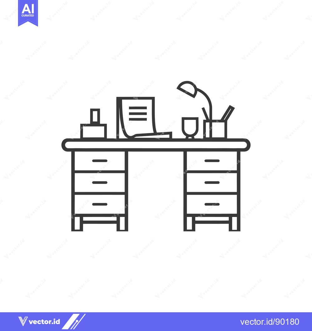 Premium Vector dari Outline Drawing of a Desk with Drawers and Office Supplies