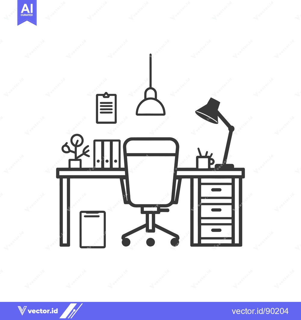 Premium Vector dari Outline drawing of an office workspace with a desk, chair, and lamp