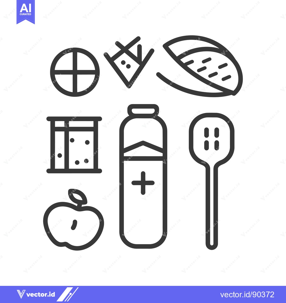 Premium Vector dari Outline Icons of Various Objects: Apple, Bottle, Spoon, and More