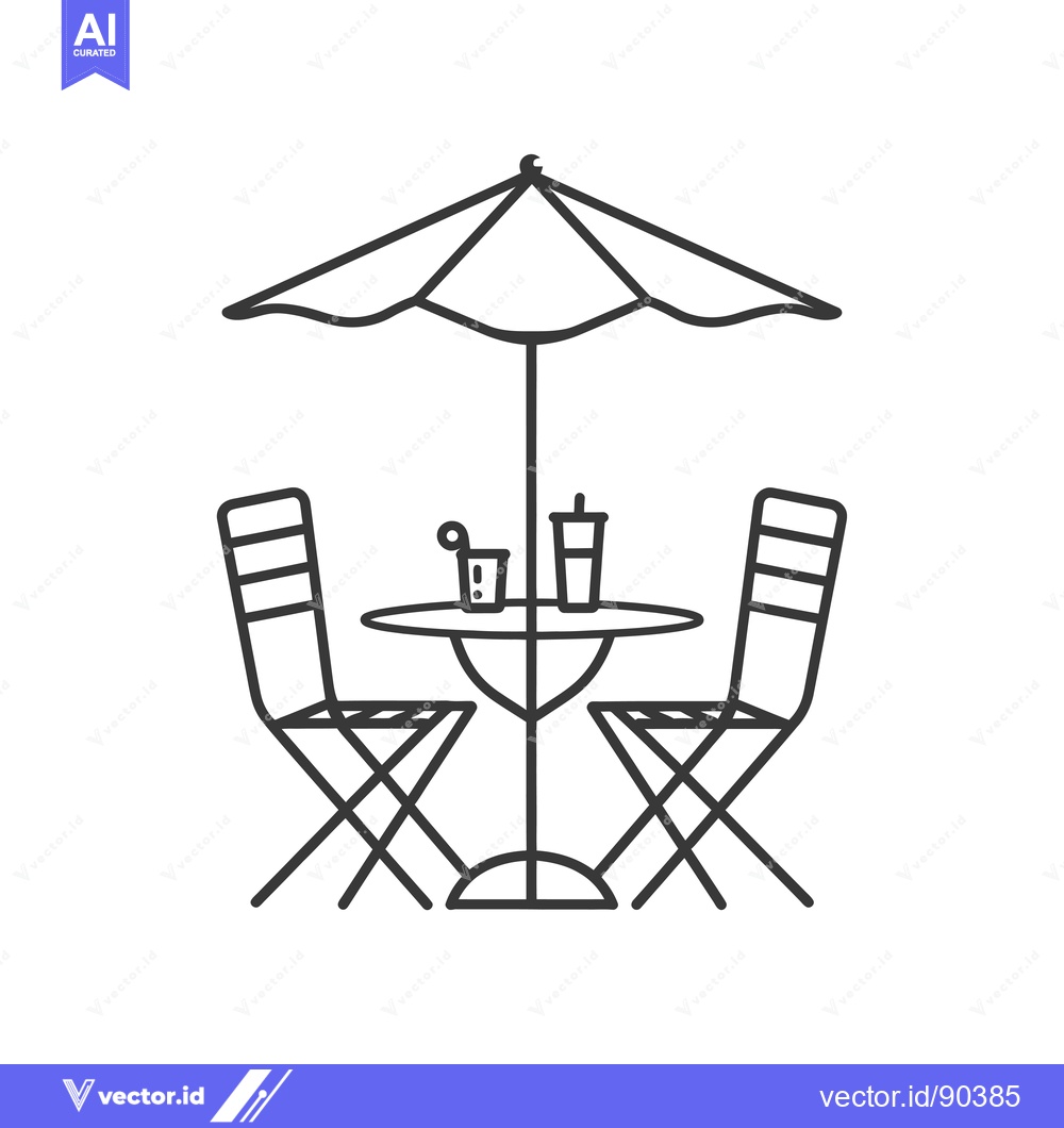 Premium Vector dari Outline Illustration of a Cafe Table with Two Chairs and Umbrella